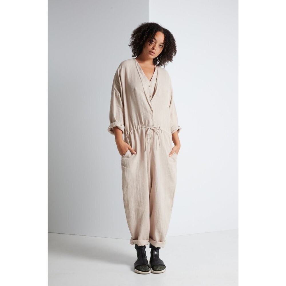 BLACK CRANE Sz S Small Ivory Cream Linen Double V Jumpsuit Coverall